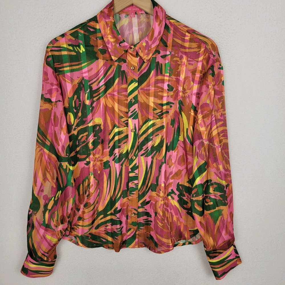 Flying Tomato Abstract Floral Button-Up Blouse Womens S Long‎ Sleeve Retro Boho